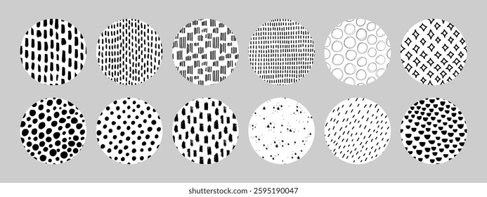 Set of hand drawn black and white doodle textures in circular shapes. Includes stars, dots, drops, dashes, and brushstroke patterns. Perfect for backgrounds, web design, packaging, creative projects