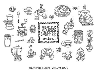 Set handgezeichnete schwarz-weiße Hygge Kaffeeutensilien und Home-Dekor-Doodle-Symbole. Gemütliche rustikale Töpferei Linie Kunstbündel Vektorgrafik..