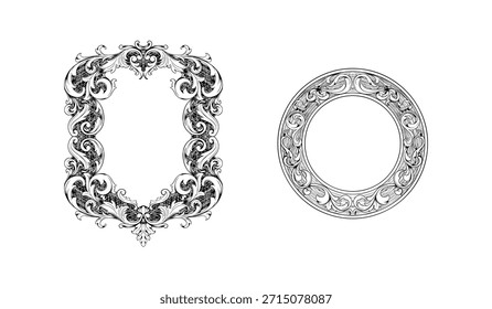 Conjunto de marcos cuadrados y circulares ornamentales grabados en blanco y negro dibujados a mano en estilo vintage