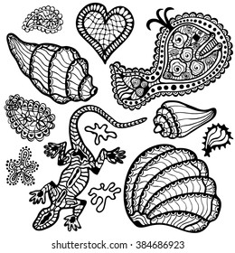 Set of hand drawn black and white vector doodles. Ethnic and bohemian motifs. Zentangle art. Sea shells, whale, lizard, heart, paisleys, flowers. Elements for adult coloring book, patterns, tattoos.
