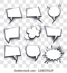 Set hand drawn blank effects template comic speech bubbles halftone dot vector transparent background in pop art style. Dialog empty cloud, space for text. Creative comics book conversation chat