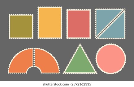 Set of hand drawn blank frame. Retro colored text box. Empty speech bubble on gray background, postage stamp of different non standard shape, round, square, triangle. Isolated Flat Vector EPS10