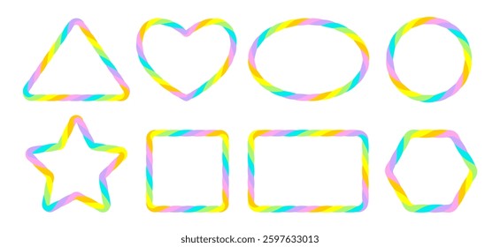 Set of hand drawn blank frames. Colored text box, bright neon rainbow serpentine, spiral. Empty speech bubble on white background. Isolated Flat Vector Illustration EPS10	