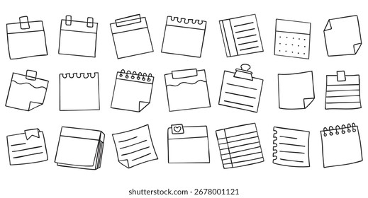Set of hand drawn blank paper notes doodle vector illustration