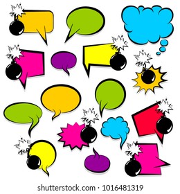 Set hand drawn blank template comic speech bubbles halftone dot background style pop art. Colorful dialog empty cloud, space text pop-art. Colored idea conversation comics book sketch explosion.