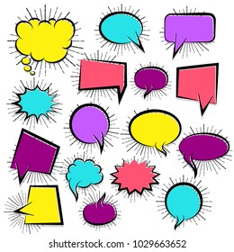 Set hand drawn blank template comic speech bubbles halftone dot background style pop art. Colorful dialog empty cloud, space text pop-art. Colored idea conversation comics book sketch explosion.