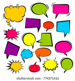 Set hand drawn blank template comic speech bubbles halftone dot background style pop art. Colorful dialog empty cloud, space text pop-art. Colored idea conversation comics book sketch explosion.
