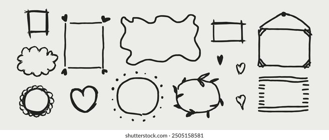 A set of hand drawn blank text frames. . Childish doodle design elements. Empty space for text box. Empty speech bubbles. Flat vector illustration