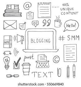 Set of hand drawn Blogging icons. Can be used for background, post or web site. Made in vector. 