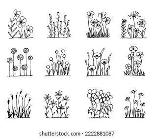 set of hand drawn blooming flowers on  flower beds in doodle style 