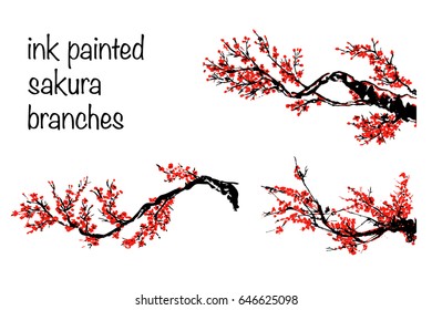 a set of a hand drawn blooming sakura branches; ink painting; black and red; a traditional oriental style sumi-e; vector illustration; isolated on white background; cherry tree twigs;