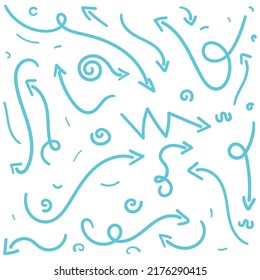 Conjunto de doodles de flecha azul dibujados a mano sobre blanco