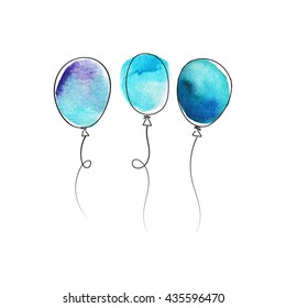 set of hand drawn blue balloons with watercolor texture isolated on white background