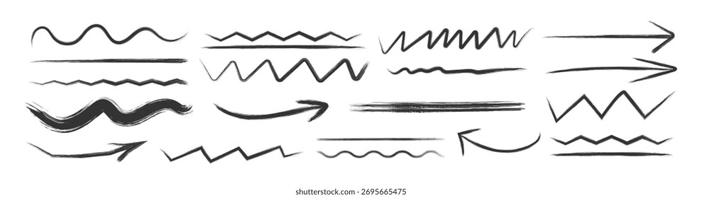 Conjunto de líneas de doodle azul dibujadas a mano subraya los Elementos de garabatos. Dibujado a mano en varias flechas, líneas curvas, onduladas y rectas. Indicadores de dirección para notas, doodle y diseño escolar.