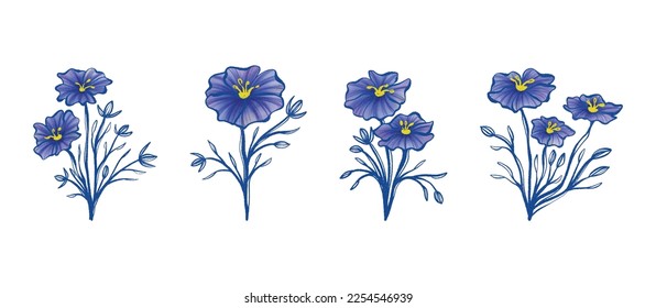 Set of Hand Drawn Blue Flax Flowers Watercolor Clip Art Vector Graphics 02