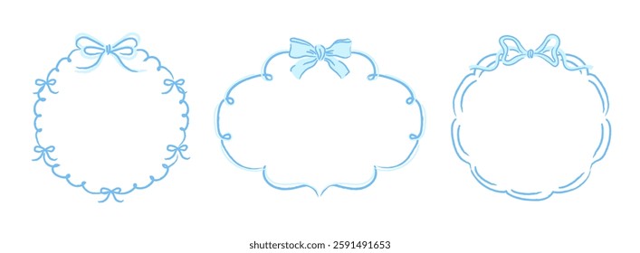 Set of Hand Drawn blue Frames with Bows and Ribbons in doodle style. Trendy Coquette Borders for wedding invitations, birthday cards, Valentine cards, prints. Vector illustration Template