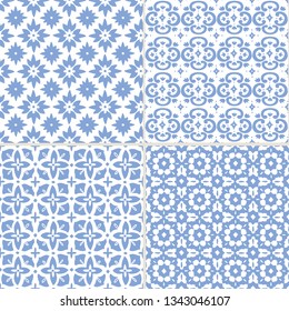 Set of  hand drawn blue Moroccan seamless patterns for Ramadan Kareem greeting cards, islamic backgrounds, fabric, web banners. Portuguese azulejos tiles design. Decorative vector illustrations.