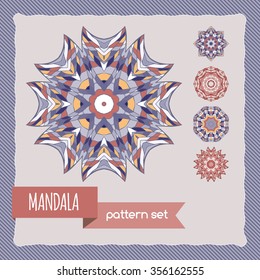Set of hand drawn blue and pink ethnic mandala patterns. Celtic, Indian, Arabic, Islam motifs. Artwork for your design. Can be used for greeting card, corporate identity, menu design, backgrounds.
