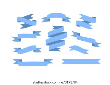 Set of hand drawn blue ribbons on white background isolated. Flat objects for your design. Vector art illustration