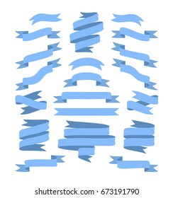 Set of hand drawn blue ribbons on white background isolated. Flat objects for your design. Vector art illustration