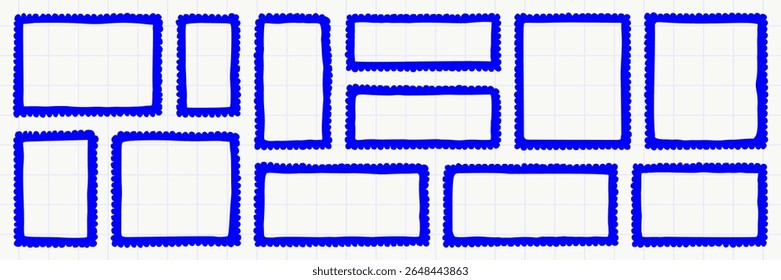 Set of hand drawn blue scallop rectangle frame with wavy border. Isolated vector elements for postcard template, decoration, photo mask or text box