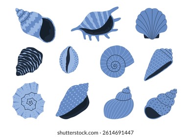 Set of hand drawn blue seashells. Design elements for print, sticker, greeting card and invitation. Isolated vector illustration