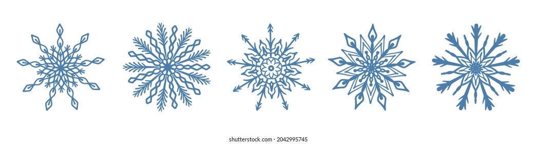 Satz handgezeichnet blaues Schneeflocken Symbol einzeln auf weißem Hintergrund. Winterdesign-Element Schneeflocken Frostkristall Vektorgrafik-Kollektion