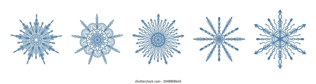 Conjunto de icono del copo de nieve azul dibujado a mano aislado en fondo blanco. Elemento de diseño de invierno colección de ilustraciones de vectores de hielo de nieve