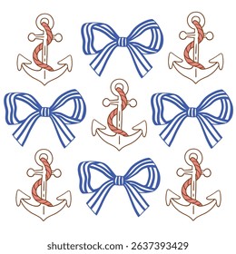 Set of hand drawn blue vector bows and anchor for clipart sticker or nursery design.