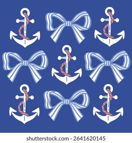 Set of hand drawn blue vector bows and anchor for clipart sticker or nursery design.