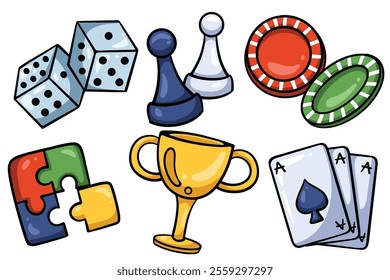 Set of Hand drawn board game element. collection of dice, chess, chips, puzzle, trophy, card Isolated Vector