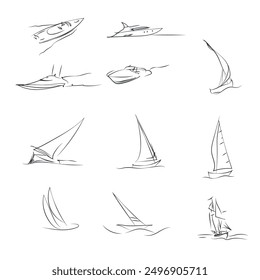 Set of hand drawn boats, vector illustration. Sketch boats. Set of simple vector images of sailing yachts on waves drawn in line style. Ships