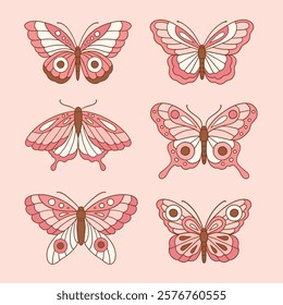 Set of hand drawn boho butterflies. Cute vector retro butterfly collection. Perfect for tee shirt logo, greeting card, poster or nursery print design. EPS10 vector file.