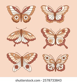 Set of hand drawn boho butterflies. Cute vector retro butterfly collection. Perfect for tee shirt logo, greeting card, poster or nursery print design. EPS10 vector file.