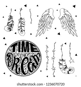Set of hand drawn Boho design elements including Feathers, Dream Catcher, Arrows, lettering, magic hippie elements. Tribal collection