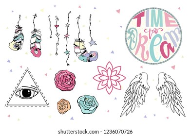 Set of hand drawn Boho design elements including Feathers, Dream Catcher, Arrows, lettering, magic hippie elements. Tribal collection