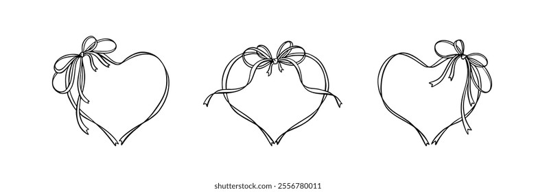 Set of hand drawn boho heart ribbon frames. Valentines Day, wedding, Save the Date romantic design elements for invitations, greeting cards. Cute line drawing. Coquette flirty girly illustration