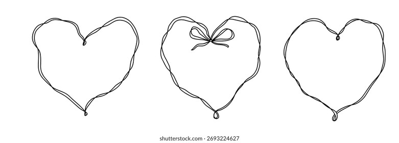Set of hand drawn boho heart ribbon frames. Valentines Day, wedding, Save the Date romantic design elements for invitations, greeting cards. Cute line drawing. Coquette flirty girly illustration