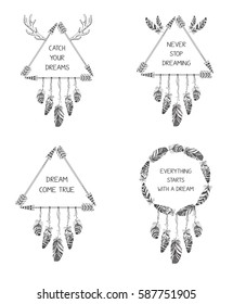 Set of hand drawn boho style design with deer antlers, arrow and feathers. Hippie fashion decoration for t-shirt or tattoo.