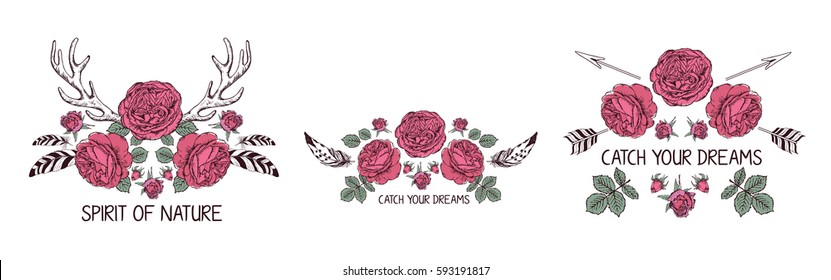 Set of hand drawn boho style design with rose flower, arrow and feathers. Hippie fashion decoration for t-shirt or tattoo.