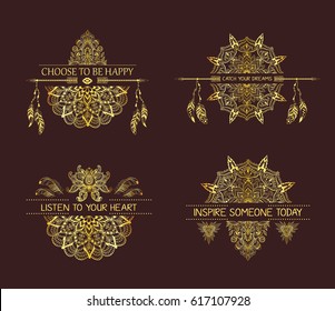 Set of hand drawn boho style design with mandala, arrow and feathers. Gold decoration of tribal style with motivate quote .