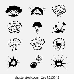 set of hand drawn bombs and clouds explosion with black and white color