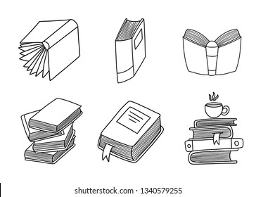 Set of Hand drawn Book doodles. Cute handmade Doodles isolated on white background.