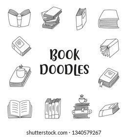 Set of Hand drawn Book doodles. Cute handmade Doodles isolated on white background.