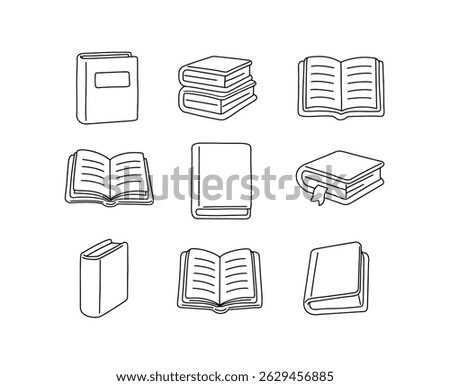 Set of hand drawn book icons in doodle style. Vector Collection of black and white book icons including open and closed books. Hand drawn line art style, perfect for education, reading, and literature