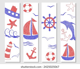 Set of hand drawn bookmarks with anchor, dolphin, ship, lighthouse, sailboat, hand wheel, helm on white background in childrens naive style.