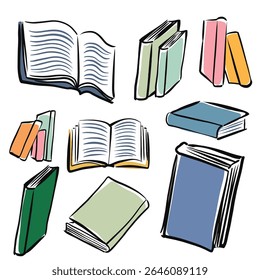 Conjunto de livros desenhados à mão com ilustrações coloridas e vetoriais.