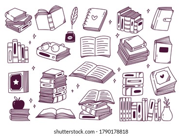 Conjunto de libros dibujados a mano en ilustración vectorial de estilo doodle