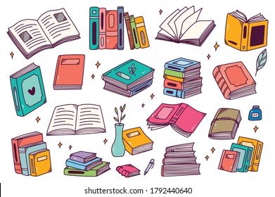 Set of hand drawn books in doodle style vector illustration