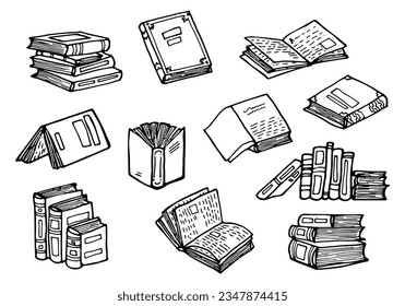 Juego de libros dibujados a mano en estilo doodle . Esbozo de color negro. Estilo de arte de línea. Ilustración vectorial aislada en fondo blanco.